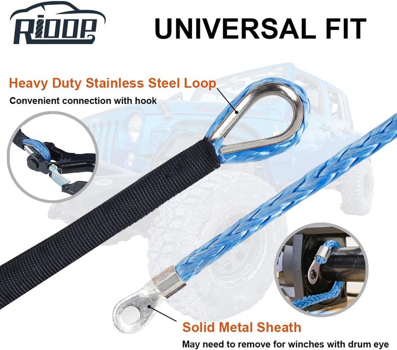 RIOOP Synthetic Winch Rope, 1/4 Inch x 50 Feet 9,500LBs Winch Cable Line with Protective Sleeve for ATV UTV (Blue) - Image 4
